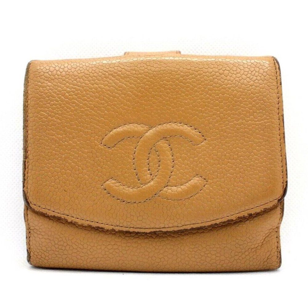 CHANEL CC LOGO CAVIAR SKIN BIFOLD WALLET BEIGE LEATHER COIN PURSE